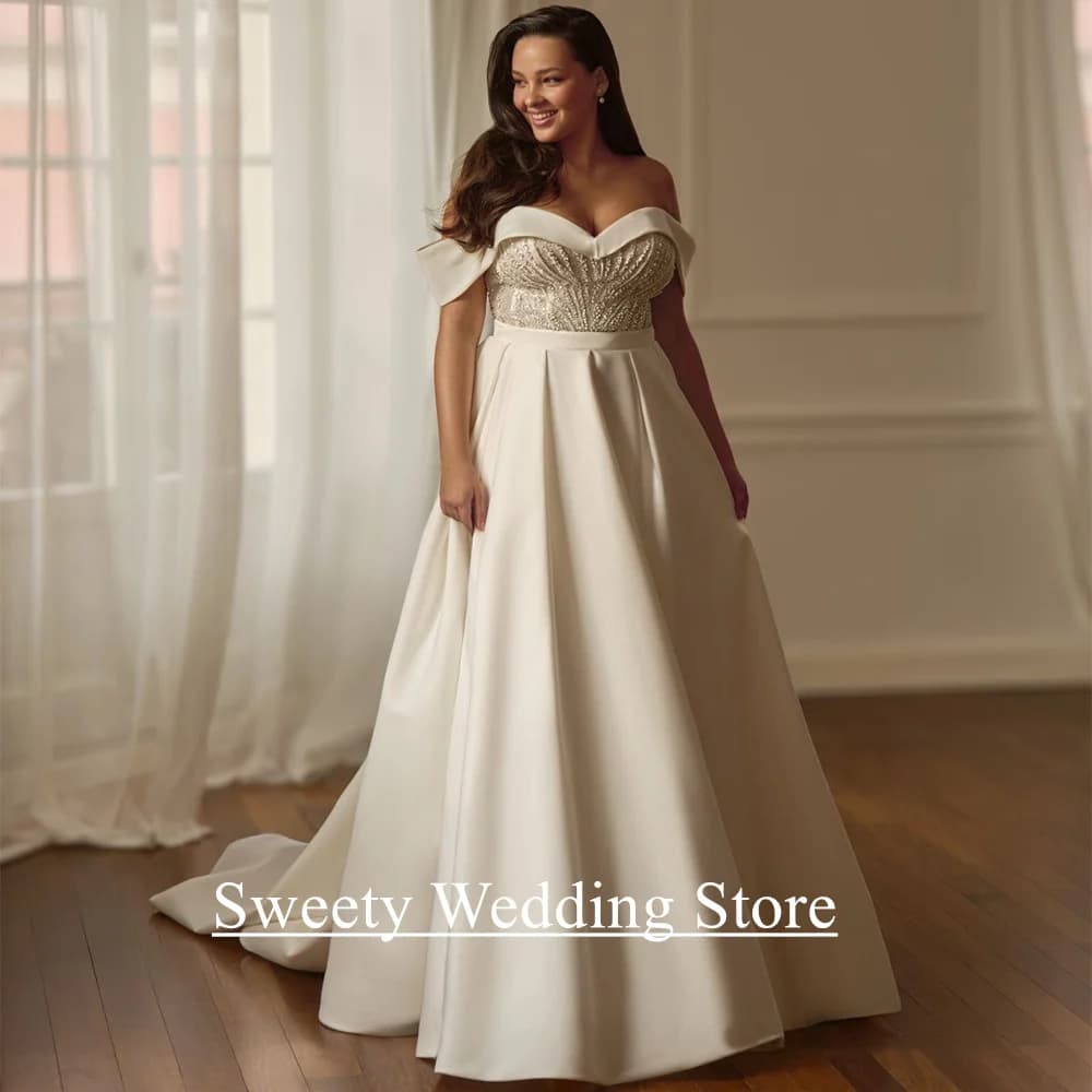 Plus Size Wedding Dress Vestido De Noiva Customized Off The Shoulder Sweetheart Beading Pearls A Line Satin Bridal Gown