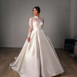 Customized High Neckline Long Sleeves A-Line Satin Wedding Dress Elegant Button Back Floor Length Sweep Train Gown For Bride