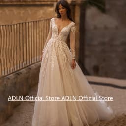 Woman Wedding Dress Customized Long Sleeves V Neck Beading Applique Sweep Train Illusion Back Buttons A Line Bridal Gowns