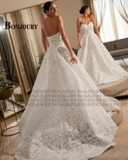 BONJOURY Dapper Wedding Dresses for Women A-line Sleeveless Zipper Sleeveless Court Train Vestido De Casamento Customized