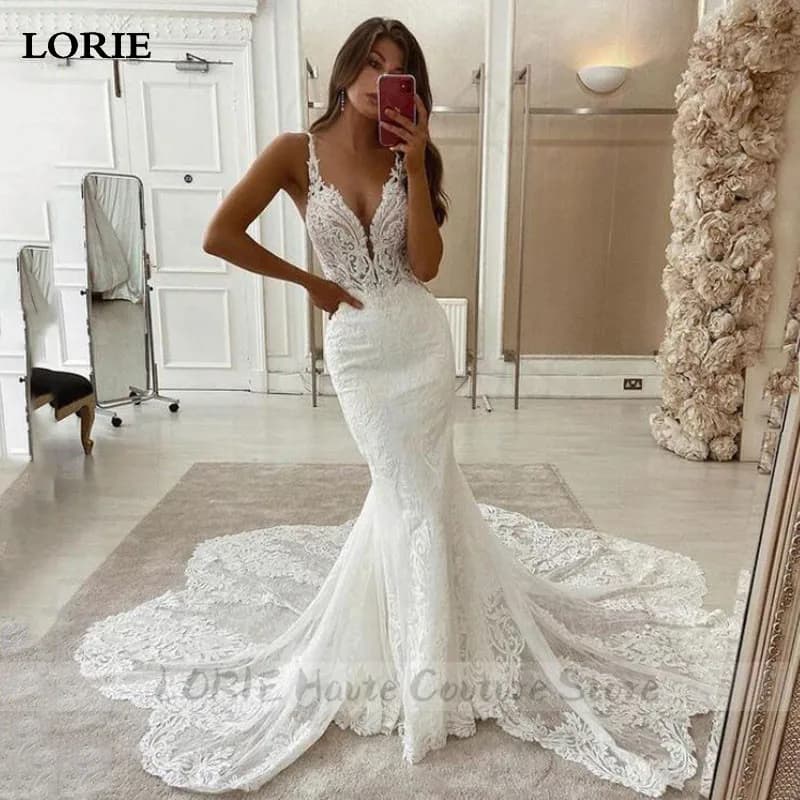 LORIE Lace Mermaid Wedding Dresses Spaghetti Strap Soft Tulle Bridal Gowns Sleeveless Vintage Country Wedding Gown Customized