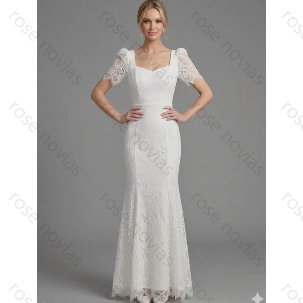 Customized Elegant Ivory Bridal Gown Square Neck Puff Sleeve Lace Mermaid For Wedding Prom Formal Gala