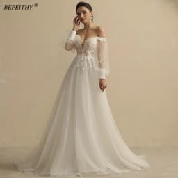 BEPEITHY Customized Boho Wedding Dresses For Women 2023 Bride Deep Neck Full Sleeves A Line Glitter Bridal Gowns Sweep Train New