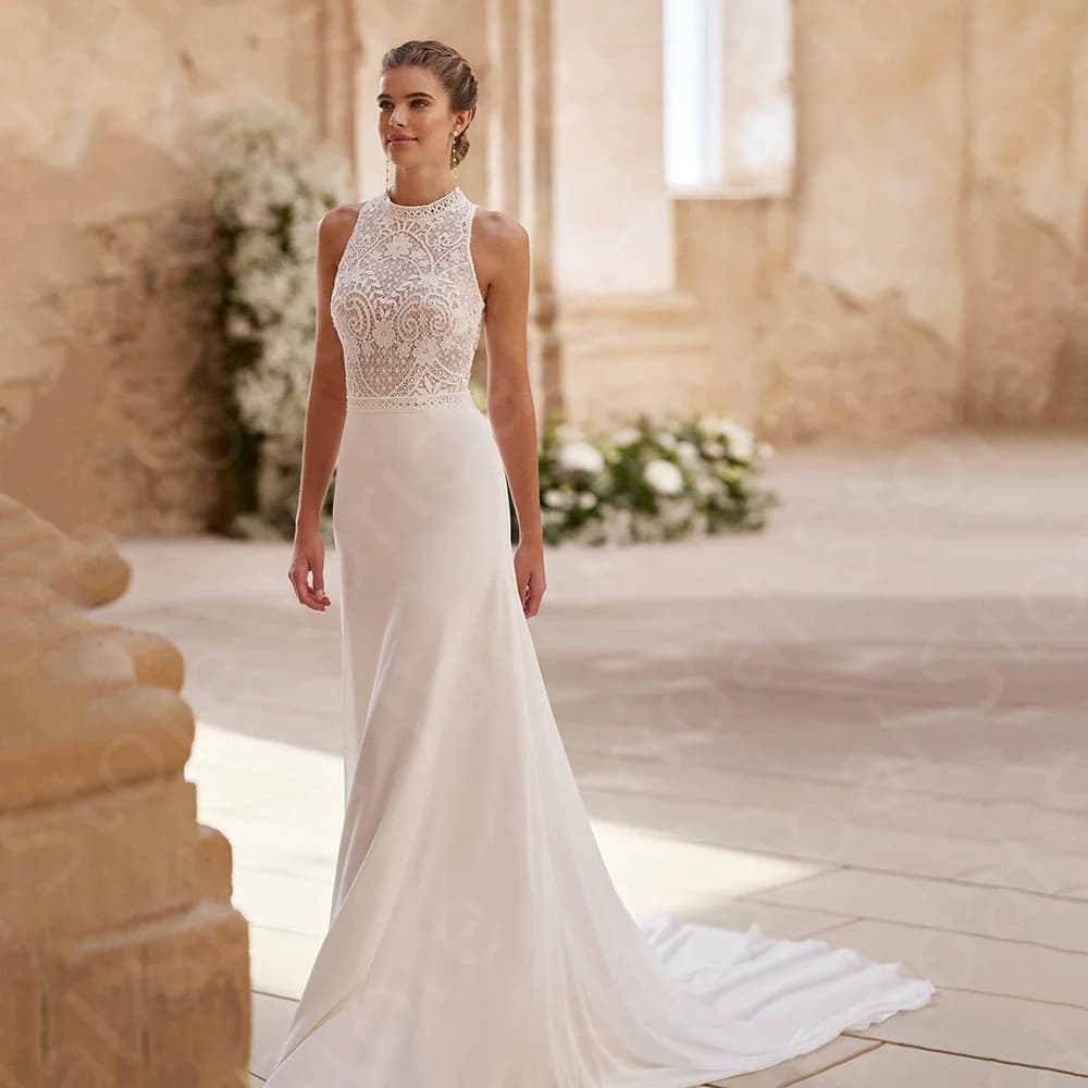 Customized Charming Wedding Dresses White Bridal Gowns Lace High Neck Bride Dresses Sleeveless Wedding Gowns Back Out On Sale