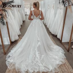 BONJOURY Stylish Wedding Dress For Woman 2024 Bride Backless V-neck Sleeveless A-line Appliques Vestidos De Noiva Made To Order