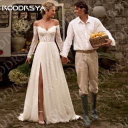 RODDRSYA Elegant Wedding Dresses Boho Woman Off Shoulder Lace Long Sleeves Split Bridal Dress Chiffon Customized Robe De Mariée