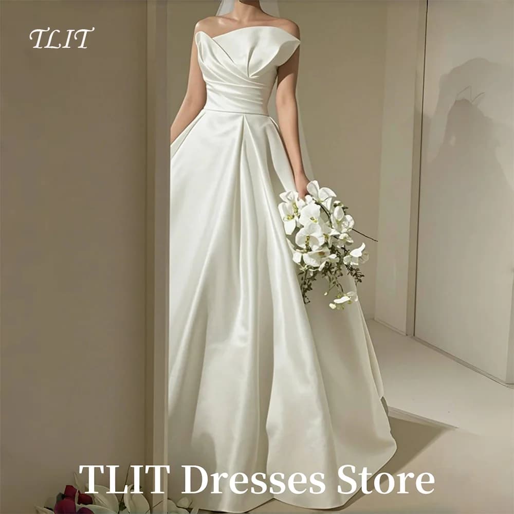TLIT Elegant Strapless Ivory A-Line Draped Wedding Dress Prom Gowns Korea Bridal Dress Photos Shoot Customized White Bride Gowns