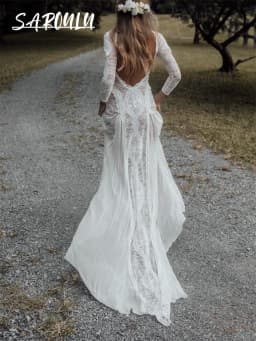 Customized Romantic Boho Long Sleeve Bride Dress Backless Beach Wedding Dress For Women Illusion Scoop Neckline Bridal Gown