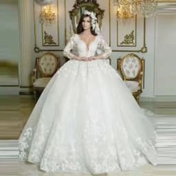 Vintage Lace V Neck Wedding Dresses Princess Ball Gown Bridal Gowns Shinny Tulle Long Sleeves Dubai Marriage Dress Customized