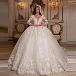 Vintage Lace V Neck Wedding Dresses Princess Ball Gown Bridal Gowns Shinny Tulle Long Sleeves Dubai Marriage Dress Customized