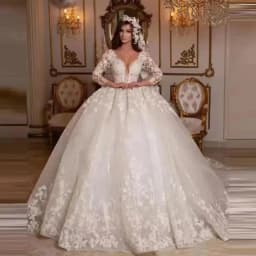 Vintage Lace V Neck Wedding Dresses Princess Ball Gown Bridal Gowns Shinny Tulle Long Sleeves Dubai Marriage Dress Customized