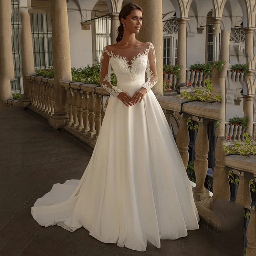 A-Line a Long Sleeve Satin Wedding Dresses Elegant Women's Round Neck Lace Applique vestidos de novia Princess Bridal Dress