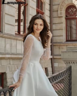 Civil Wedding Dress with Pearl Long Sleeves Knee Length Robe De Mariage 2022 Nouveauté Vestidos Elegantes