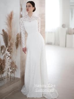 Woman Arabian Wedding Dress Customized Long Sleeves High Neck Saudi Arabic Bridal Gown Sweep Train Bride Robe De Mariee
