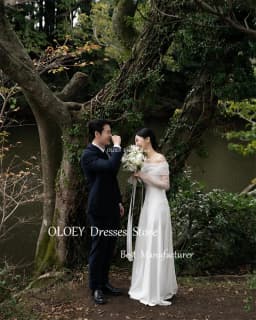 OLOEY Simple A Line Korea Wedding Dresses Photoshoot Long Sleeves Off Shoulder Floor Length Bridal Gowns Corset Back 2024