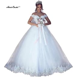 White Ivory Lace Appliques Ball Gown Cheap Off The Shoulder Short Sleeves Bridal Dress Wedding Dresses
