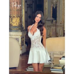 Tokyo Women Lace Halter Cocktail Dress White V Neck Corset Backless Mini Dress Satin Pleated Hem Formal Party Bodycon Dresses