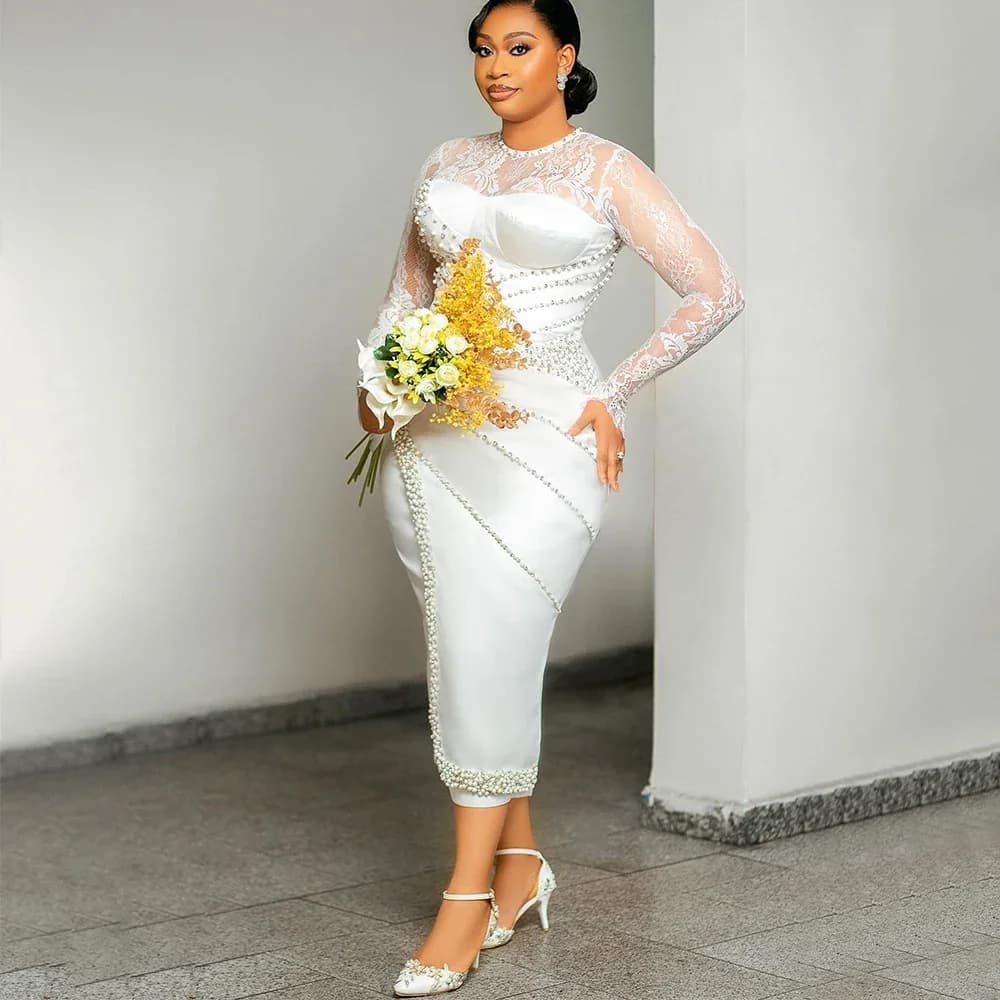 Flavinke Customized Civil Wedding Dresses for Bride O Neck long Sleeve Tea Length Pearls Beads Aso Ebi Birdal Robes de mariee