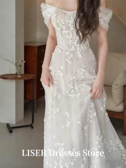 Liser Simple Elegant Wedding Dresses Off Shoulder Korea Princess Dress A Line Customised Lace Appliques Wedding Photo Shoot