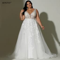 BEPEITHYCustomized Lace Boho Wedding Dress 2022 For Plus Size Women Bride Sleeveless A Line Ivory V Neck White Curve Bridal Gown