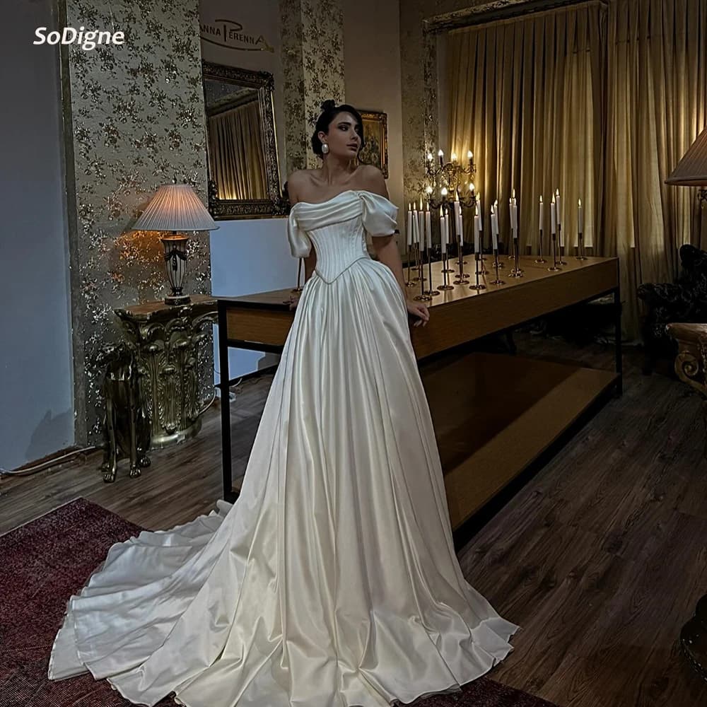 SoDigne A-line Satin Simple Wedding Dress Off Shoulder Long Bride Dresses Elegant Bridal Gowns Robe De Mairee Customized