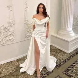 Elegant Satin Wedding Dresses For Bride Ribbons Princess Backless Off Shoulder High Split Bridal Gowns Chapel Train Customized