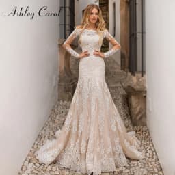 Mermaid Wedding Dresses With Detachable Train Boat Neck Full Sleeve Appliques Lace Up Wedding Gown With Jacket Vestidos De Novia