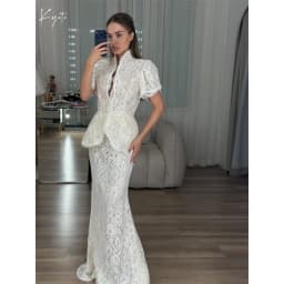 Kyoto Customized White Jacquard Floral Lace Puff Sleeve Wedding Dress High Neck Vestidos De Noche Floor-Length Robe De Mariée