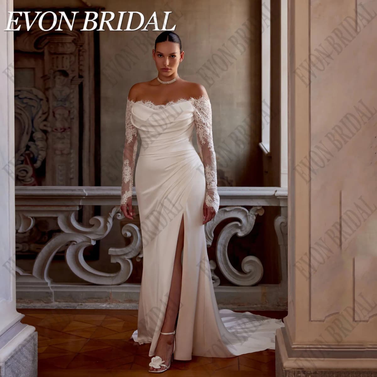 EVON BRIDAL Customized Lace Long Sleeves Strapless Wedding Dress Plus Size Women Mermaid Satin Modern Split Bride Bridal Gown