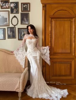 Verngo Luxury Lace Wedding Dress Full Sleeves Mermaid Bride Dress Elegant Pleated Bridal Gowns 2026 Customized
