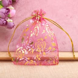 50pcs Rose Organza Jewelry Bags 9x12cm Wedding Party Christmas Candy Gold Color Drawstring Packaging Pouches