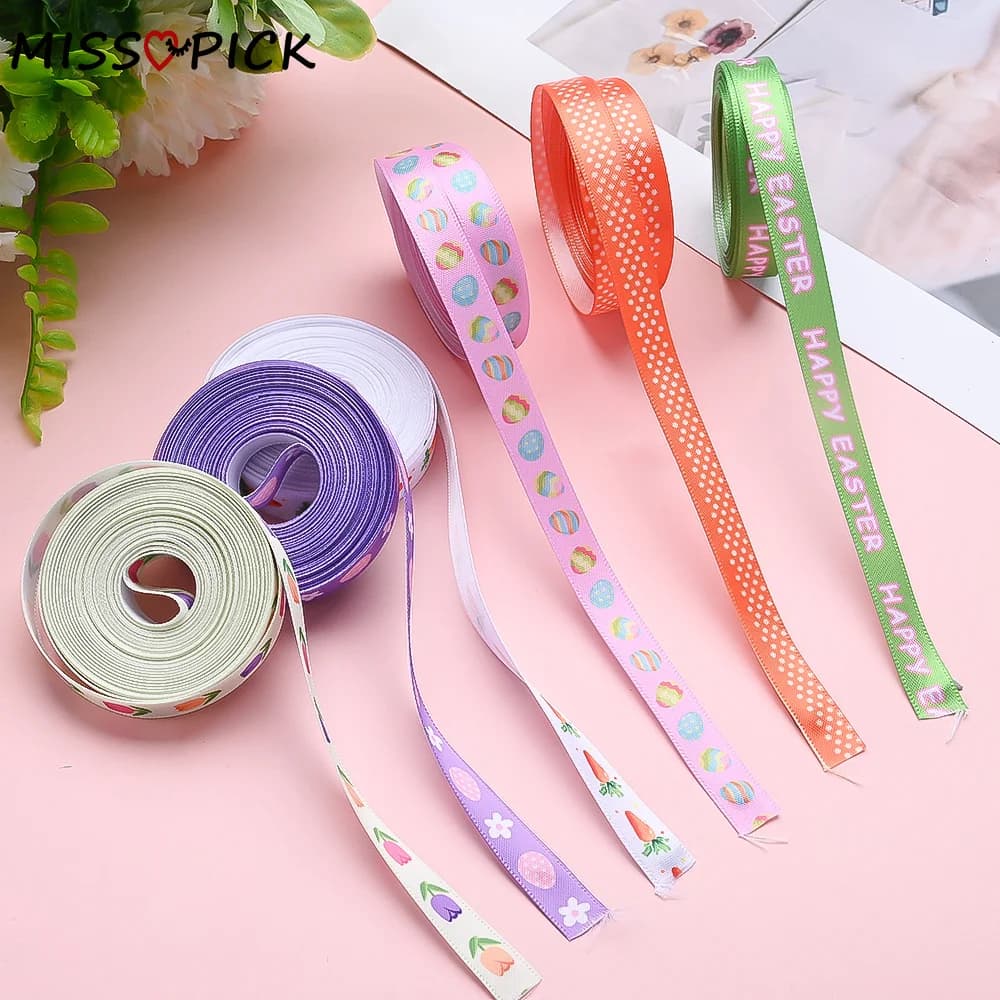 5yards/roll 1cm Wide Easter Themed Polyester Ribbon Carrot and Egg Pattern For Party Decoration Gift Wrapping Bows Making