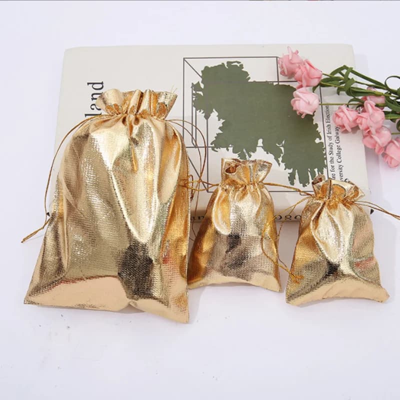 50pcs/lot Gold and Silver Cloth Bags with Drawstring Openings Jewelry Packaging Bags Drawstring Gifts Wedding Candy Bags