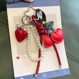 Y2K Leather Rope Red Cherry Keyring Pearl Beads Bag Key Chain Charm Pendant Women Trendy Keychain Decoration