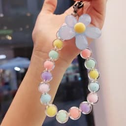 Homefish Ins Kawaii Flower Beaded Phone Wrist Lanyard Macaron Round Bead Anti-lost Keychain Short Mobile Phone Pendant