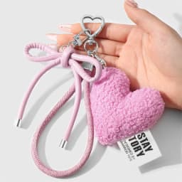Sweet Plush Love Heart Bag Charm Keychain Pendant with Woven Rope Bow for Backpack Car Key Decoration Keyring