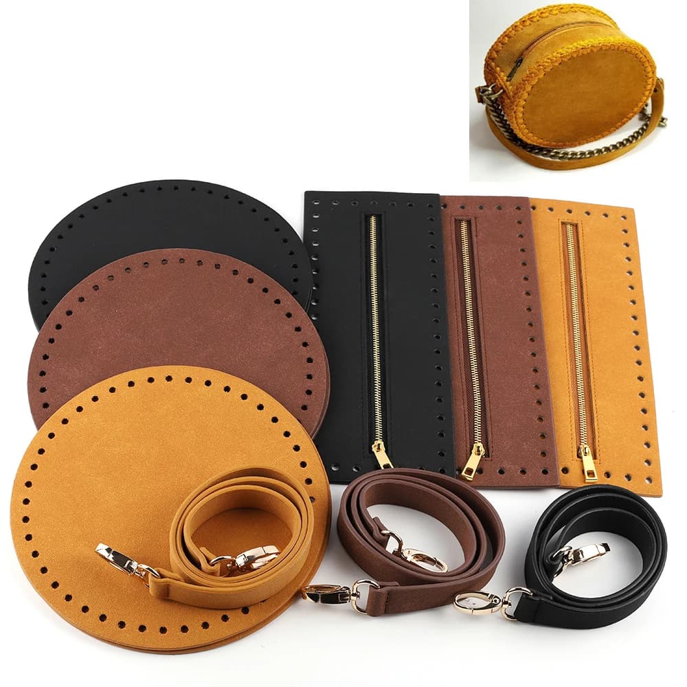 1Set PU Leather Knitting Crochet Bag Bottom Handbag Shoulder Strap Handmade Patchwork Handle Bag Material for Women DIY Bag