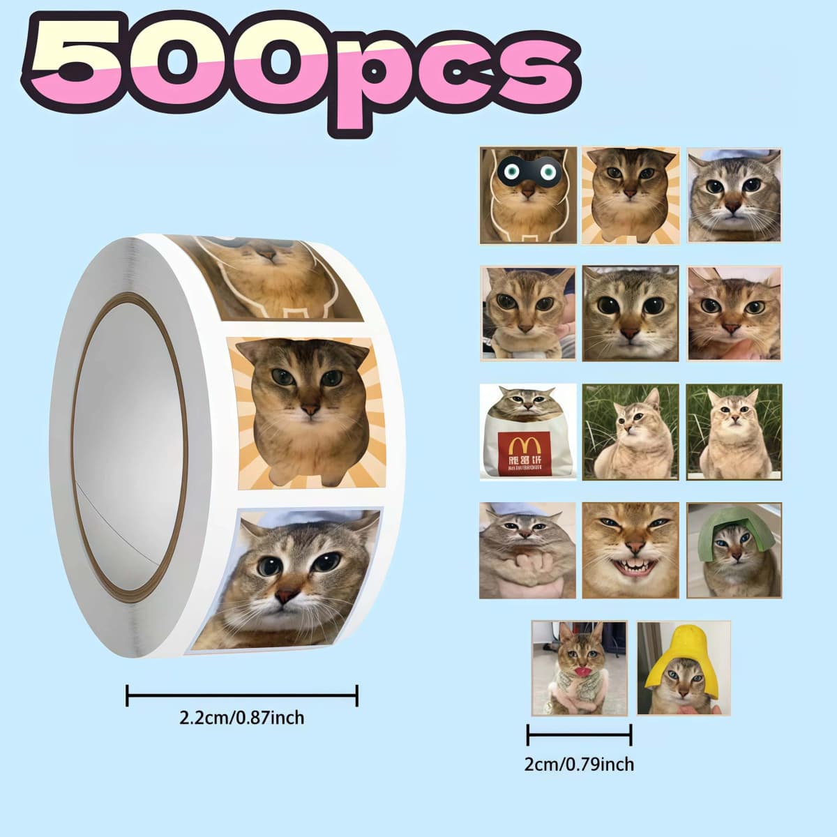 500Pcs Meimei Meme Cat Face Roll Stickers, Cute Realistic Kitten Expression Self-adhesive Labels for Journal Packaging DIY Decor