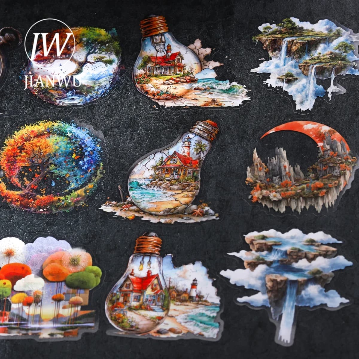 JIANWU Vintage Lightbulb Coast Island Time Landscape Material Collage Scrapbooking PET Sticker Creative DIY Journal Stationery