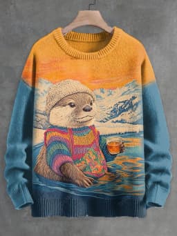 Men's Otter Drink Tea Japanese Fall Art Print Knit Sweatshirt Women For Men Sweater