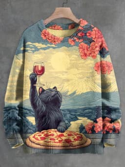Men's Otter Drink Tea Japanese Fall Art Print Knit Sweatshirt Women For Men Sweater