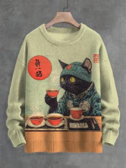 Men's Otter Drink Tea Japanese Fall Art Print Knit Sweatshirt Women For Men Sweater