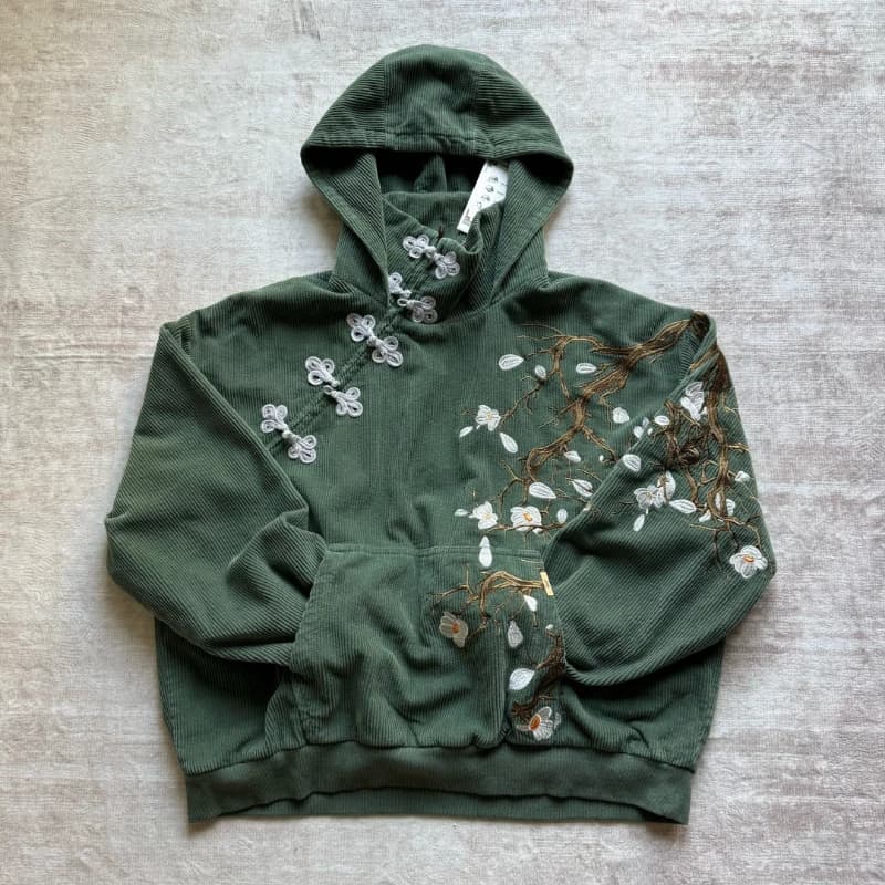 Y2K Retro Bonsai Knit Hoodie Corduroy Flower Embroidery Button Sweatshirt Japanese Harajuku Streetwear Unisex Oversize Clothing