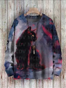 Unisex Vintage Cat Art Print Classic Sweater Men's For Women's Pullover