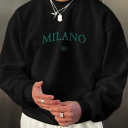 Men's Autumn and Winter Fashionable Casual Loose MILANO 96 Print Fleece Pullover Long-Sleeved Round-Neck Sweatshirt