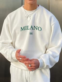Men's Autumn and Winter Fashionable Casual Loose MILANO 96 Print Fleece Pullover Long-Sleeved Round-Neck Sweatshirt
