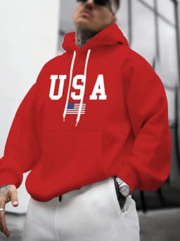 Men's Autumn and Winter Casual Fashion Loose American Flag Graphic Print Long-Sleeved Hooded Sweatshirt Warm Pullover