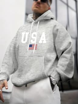 Men's Autumn and Winter Casual Fashion Loose American Flag Graphic Print Long-Sleeved Hooded Sweatshirt Warm Pullover