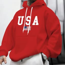 Men's Autumn and Winter Casual Fashion Loose American Flag Graphic Print Long-Sleeved Hooded Sweatshirt Warm Pullover