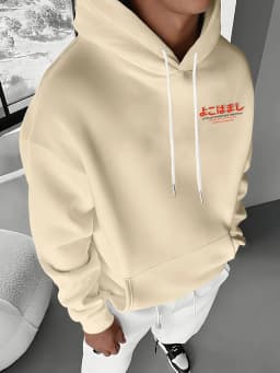 Men's Autumn and Winter Casual Fashion Loose Tokyo Pattern Printed Long-Sleeved Hooded Sweatshirt Warm Pullover